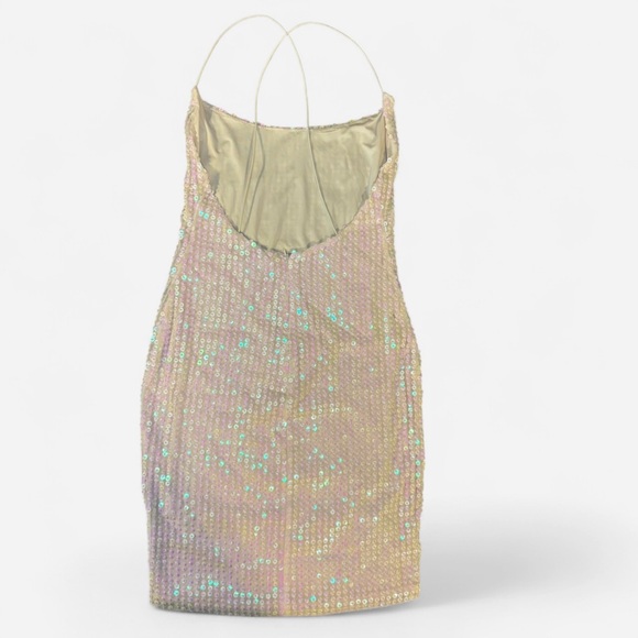 Oh Polly White Sequin Mini Dress SZ 8 Spaghetti Strap, Cross Back, Lined, Bridal - Picture 2 of 5